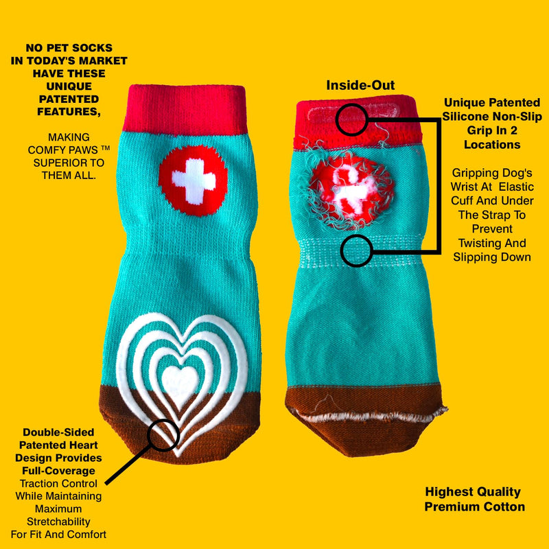 Medical First-Aid Double Sided Anti-Slip Cotton Dog Socks | PawFlex Comfy Pawz Silicone Nonslip at Inner Cuff for No Twisting or Sliding Off | Pet Paw Protection |Wound Care | Traction Control Medium Teal First Aid