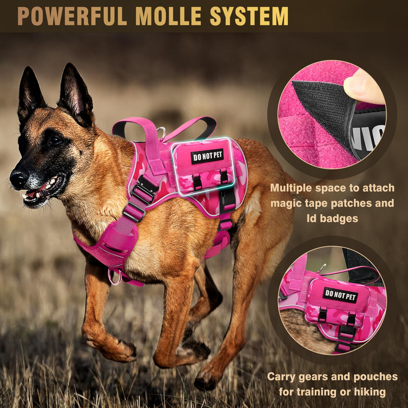 WINSEE Tactical Dog Harness for Medium Dog, Heavy Duty Service Working MOLLE Vest with 10 Pet Patches, 2X Metal Buckle Vest for Training Hunting Walking Camo Pink - PawsPlanet Australia