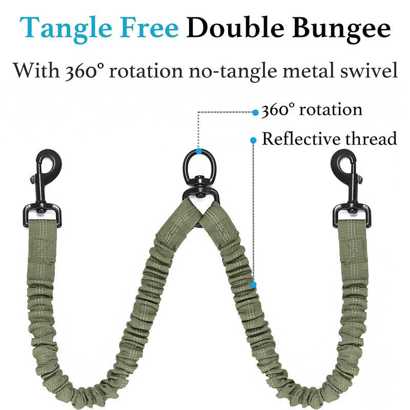 iYoShop Dual Dog Leash - 360° Swivel, No Tangle Walking Leash with Shock Absorbing Bungee for Two Dogs (Medium, 8-35 lbs, Military Green) Medium