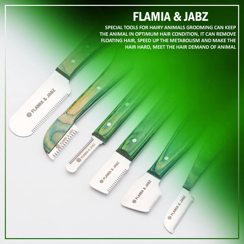 FLAMIA & JABZ Professional Stripping Knife kit (6 Pieces Set) for Dogs & Pets, Wooden Handle Grip with Stainless Steel Comb (Right Handed) (Green) Green - PawsPlanet Australia