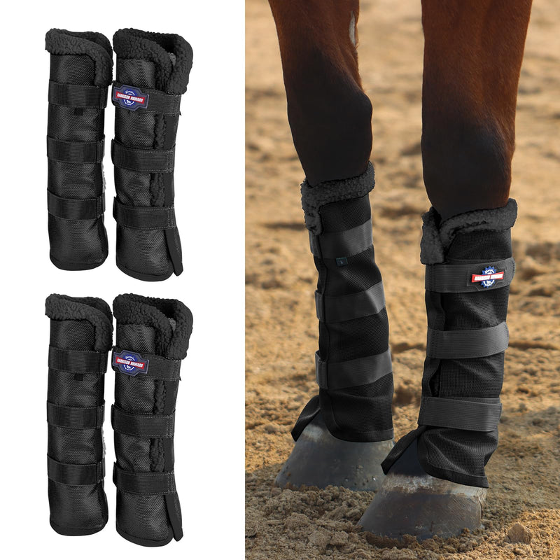Harrison Howard Horse Fly Boots Summer Protection with Fleece Trim to Eliminate Rubbing Comfortable and Ventilating Mesh Leg Guards Set of 4 Classic Black M Cob (Medium)