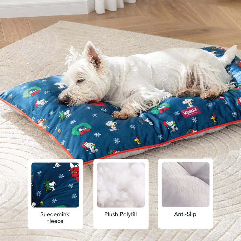 Berkshire Peanuts® Square Dog Bed, Suedemink Fleece Pet Mat with Waterproof & Non-Slip Bottom, Soft Plush Dog Mat for Crate, Couch, or Floor, Machine Washable(Snoopy Best Christmas Icons, Medium) Snoopy Best Christmas Icons Opened Up Small Navy - PawsPlanet Australia