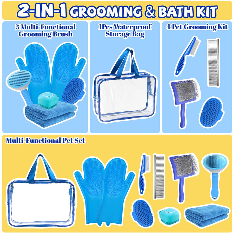 8PCS Dog Slicker Brush for Dogs Grooming Kit,Bath Grooming Kit for Pets,Hair Brush Set with Towel,Washing Gloves,Slicker Comb,and Shampoo Scrubber Brush for Small and Large Dogs and Cats(Blue) Blue