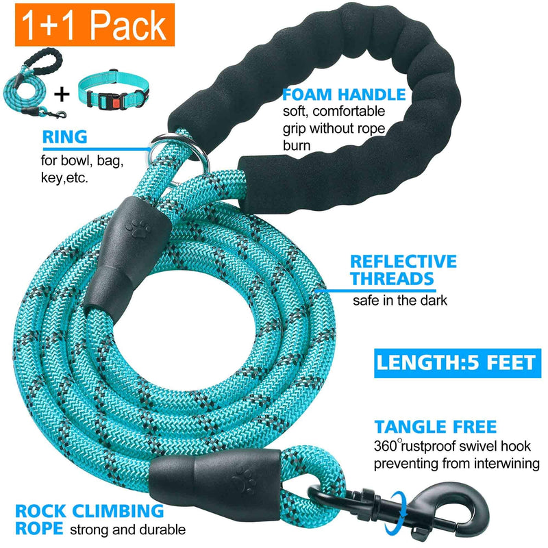Heavy Duty Dog Leash - Comfortable Padded Handle, 5 ft Long - Dog Leashes for Small Medium Large Dogs (Leash+Collar M Neck 16"-20", Blue) Medium (Pack of 1) Blue Leash+Collar - PawsPlanet Australia