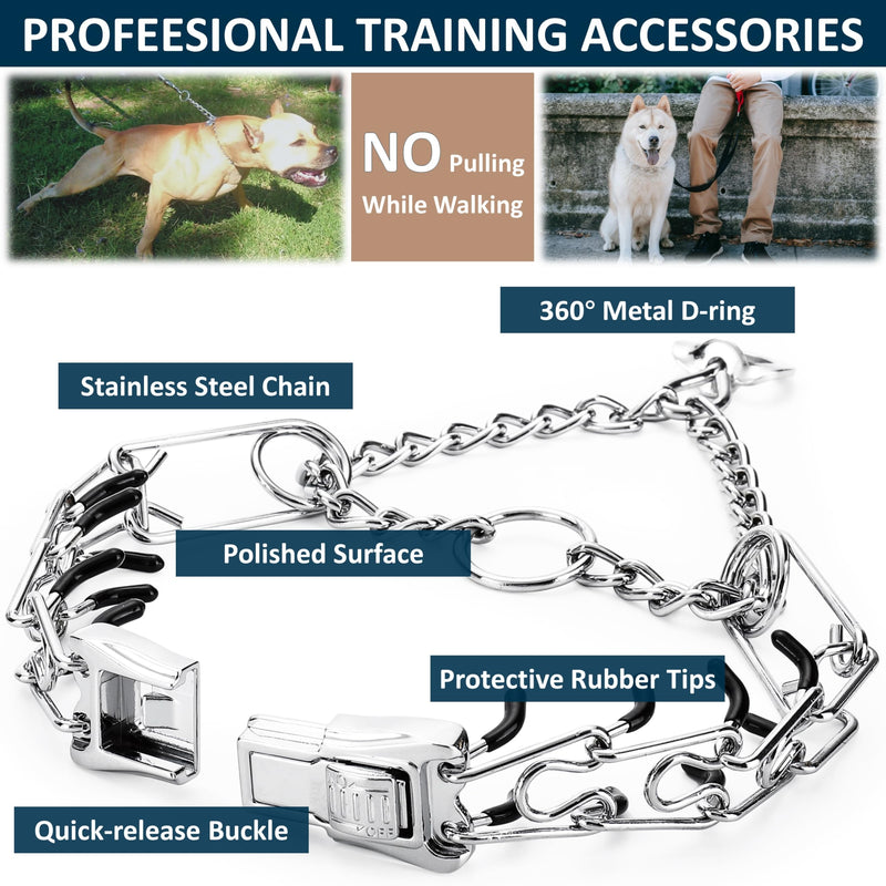 MOZETO Prong Collar for Dogs, Adjustable Quick Release Stainless Steel Dog Pinch Training Collar with Metal Buckle Silver Neck Girth 11.2"-14.5" - PawsPlanet Australia