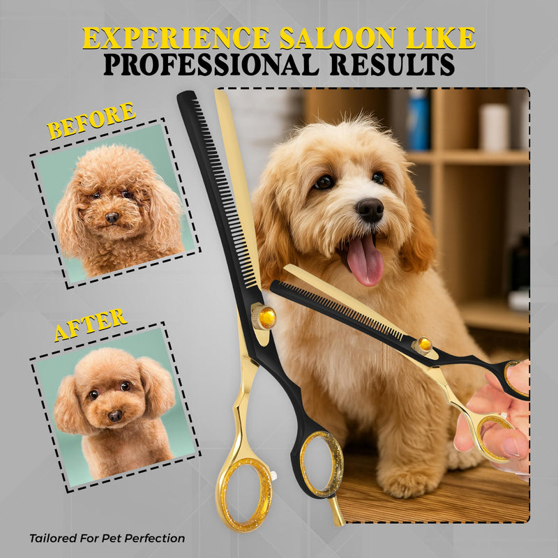 7.5” Curved Thinning Shears for Dogs and Cats – 34 Tooth Professional Pet Grooming Scissors – Smooth, Quiet Blending Shears for Face, Ears, Chest and Legs, Ergonomic Design for Home and Pro Use Golden Black Curved Thinning Scissors - PawsPlanet Australia