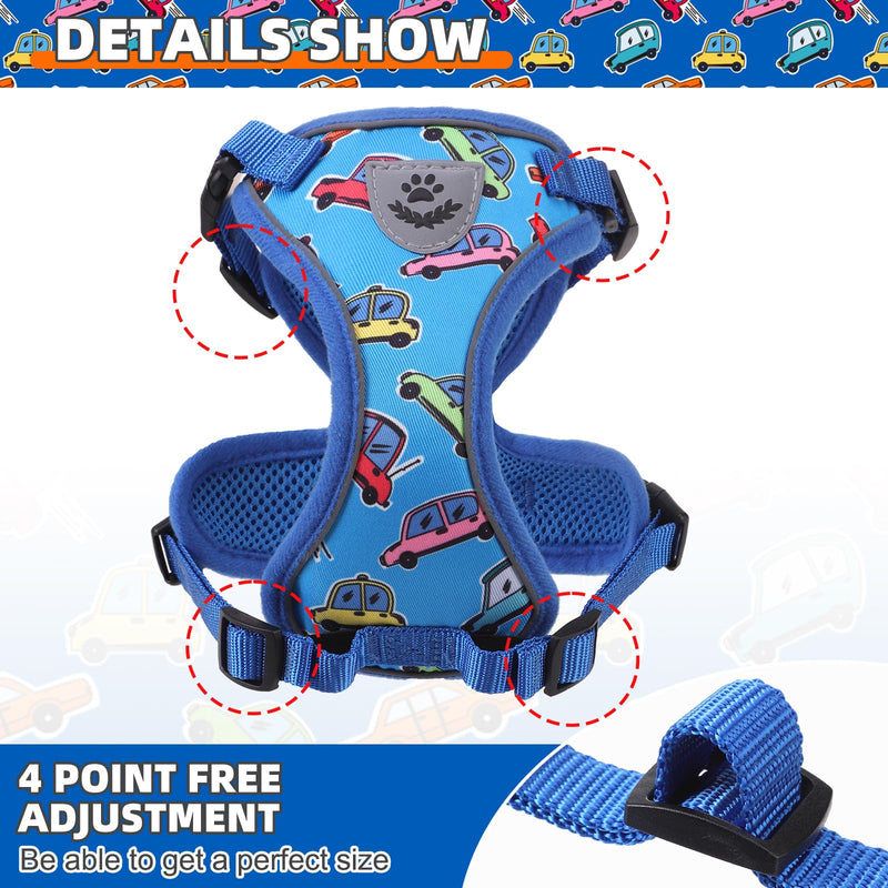 KOOLTAIL Cat Harness and Leash Set, Escape Proof for Safe Walking & Travel, Reflective Comfortable Easy Control Adjustable Kitten Harness for Boys&Girls Small Medium Large Cats Car S Cartoon Car Pattern - PawsPlanet Australia