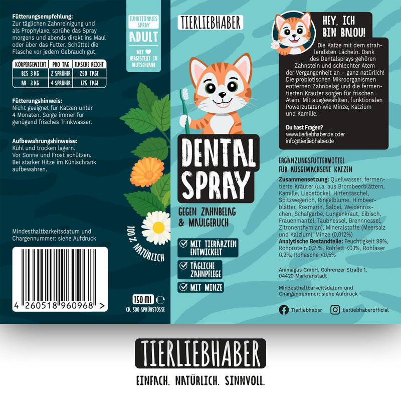 TIERLIEBHABER Dental Spray for Cats Dental Care - Dental Care Cats Toothpaste Alternative - Against Cat Bad Breath & Tartar Cat 100% Natural - Veterinarian Developed in Germany