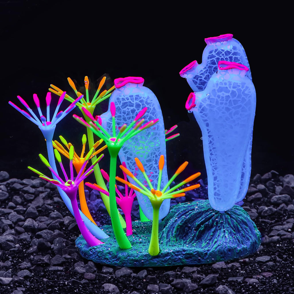 Dynamic Glow in The Dark Aquarium Decorations: Unleashing Visual Effects with Soft Silica Gel, Changing Lights, and Colorful Glowing Coral Ornaments (Blue, Seaweed Moon) Blue