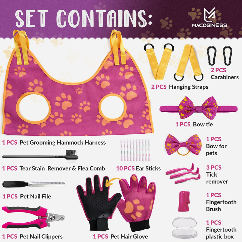 Pet Grooming Hammock for Nail Trimming - Complete Groomers Helper Set for Pet - Dog Grooming Hammock with Hook - Cat Nail Clipper - Dog Hammock for Nail Clipping (L, Purple with Gold Paws) PREMIUM SET - Purple with gold paws L - PawsPlanet Australia