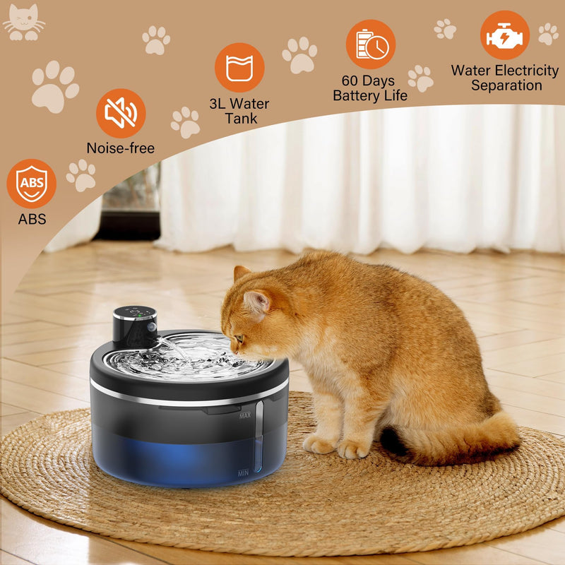 Cat Water Fountain, Wireless Pet Water Fountain, Rechargeable Smart Automatic Cats Dogs Water Dispenser, 102oz/3L Drinking Fountains for Multiple Pets Indoor (Black Transparent, M) Black transparent - PawsPlanet Australia