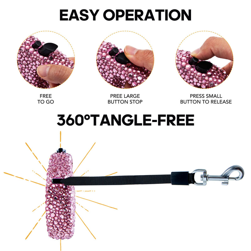 Sparkle Retractable Dog Leash,Pink Rhinestone Pet Walking Leash for Small Medium Dog Cat,Bling Small Puppy leash,Durable 16 ft Strong Nylon Tape,360°Tangle-Free,One-Handed Brake, Pause, Lock - PawsPlanet Australia