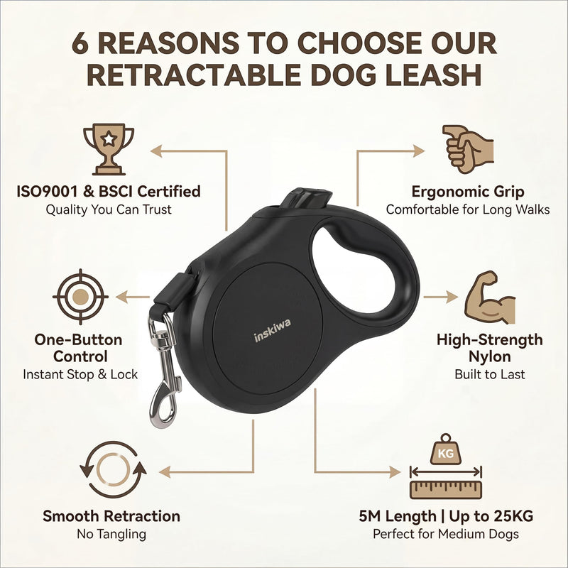Retractable Dog Lead, 5m/16FT Extendable Dog Lead, 360° Tangle-Free, One-Handed Brake & Lock, Non-Slip Soft Grip Handle for Small & Medium Dogs, Max 25kg, inskiwa (Black) Black