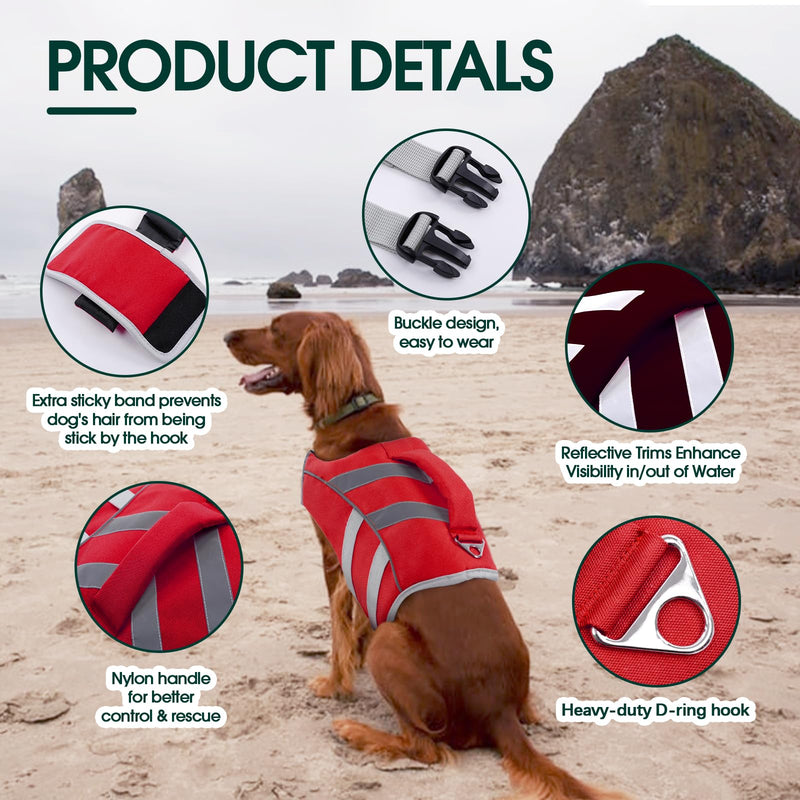 Kuoser Dog Life Jacket with Reflective Stripes, Adjustable High Visibility Dog Life Vest Ripstop Dog Lifesaver Pet Life Preserver with High Flotation Swimsuit for Small Medium and Large Dogs Large (Chest Girth:22.8-29.5'') 1#Red - PawsPlanet Australia