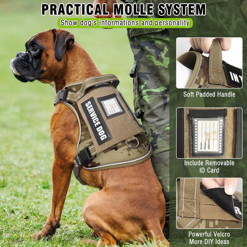 Tactical Dog Harness and Leash Set for Large Dogs,Heavy Duty No Pull Service Dog Vest and 10 Patches with Dog Seat Belt,Reflective Adjustable Pet Harness for Training Walking Hiking Camo L Desert Camo - PawsPlanet Australia