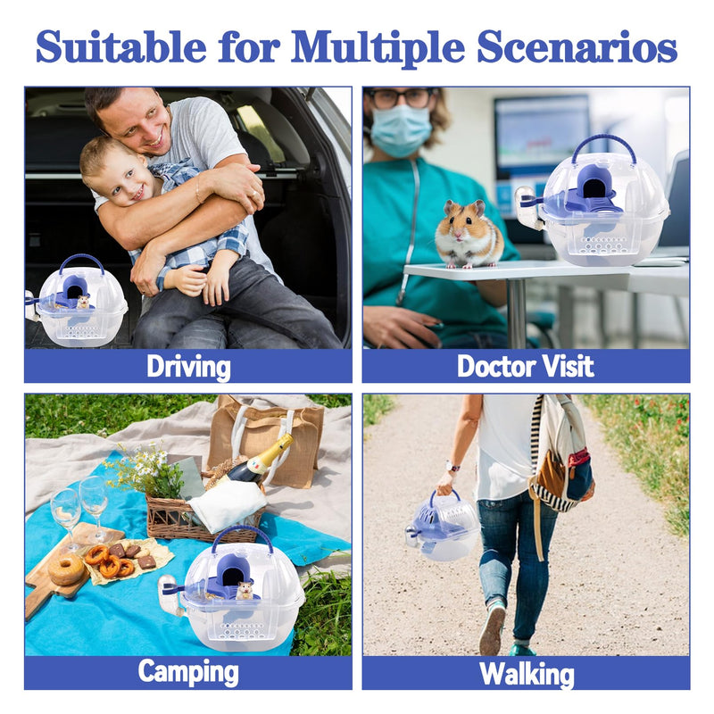 Dwarf Hamster Carrier Cage,Hamster Carrier Portable Hamster Travel Carry Case Breathable 2 Tiers with Silent Exercise Wheels,Water Bottle,Food Dish(Blue) - PawsPlanet Australia