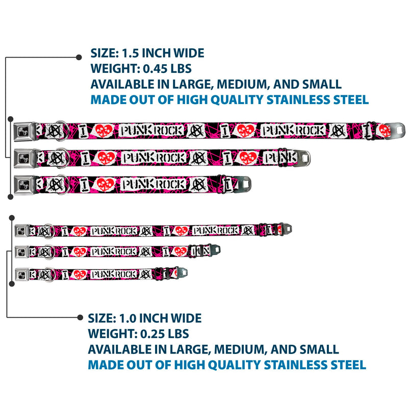 Buckle-Down Dog Collar Seatbelt Buckle I Heart Punk Rock Safety Pins Black Fuchsia White 11 to 17 Inches 1.0 Inch Wide, Multicolor (DC-W30917-M) 1" Wide - Fits 11-17" Neck - Medium - PawsPlanet Australia