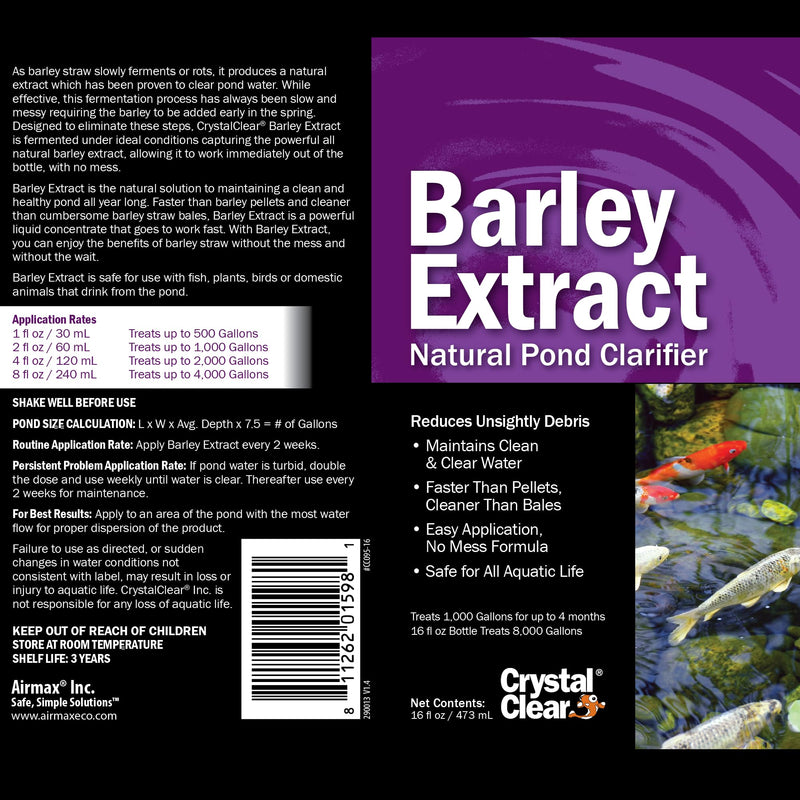 CrystalClear Barley Extract Pond Treatment – Natural Water Clarifier for Fountains, Water Gardens & Koi Ponds, Clears Cloudiness, Fish & Plant Safe, 16 Ounces 16 Oz - PawsPlanet Australia