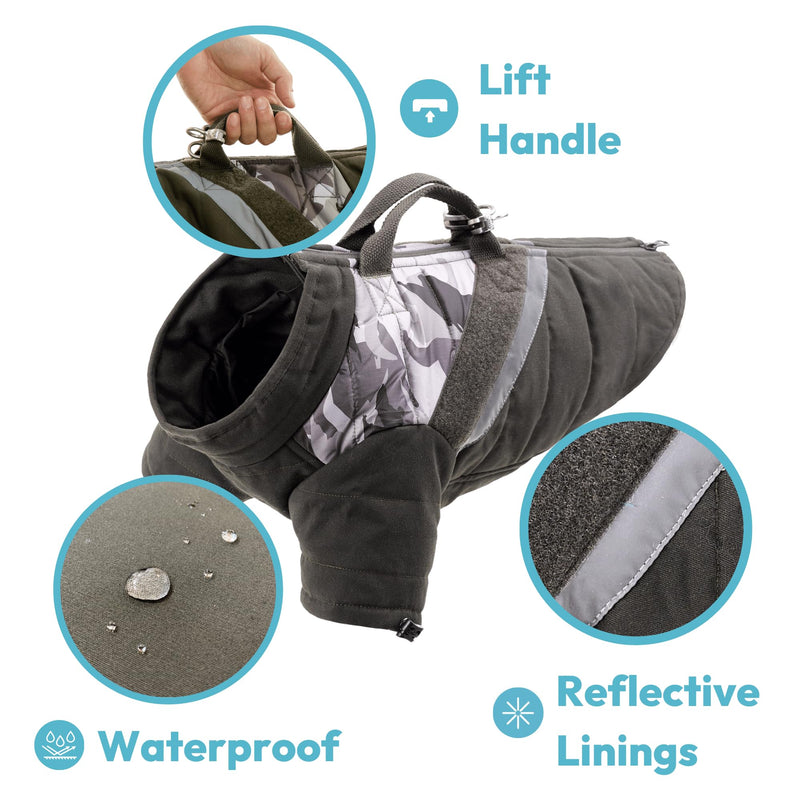 Gooby Mountaineer Jacket Camo - Olive, Large - Waterproof Reflective Lining Jacket with Lift Handle and Leash Attachments for Small Dog and Medium Dog Large (20.25") - PawsPlanet Australia