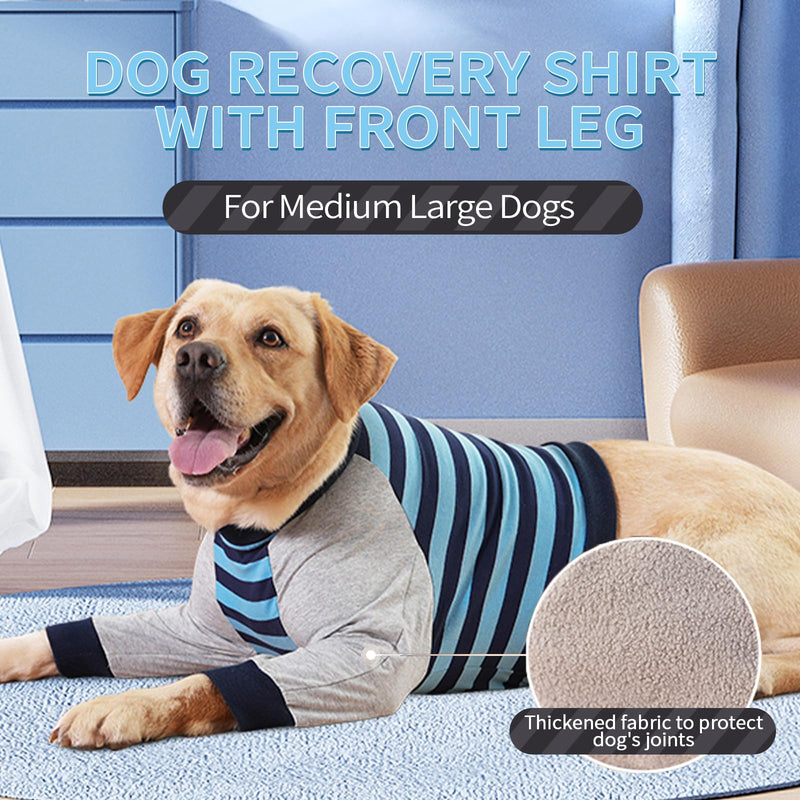 FUAMEY Dog Recovery Sleeve,Dog Recovery Shirt with Front Leg Dog Elbow Protector Stop Licking Joints Dog Surgery Suit for Medium Large Dogs Protecting Dog's Leg Wounds Blue Stripe L L(Weight:44-66lbs) - PawsPlanet Australia
