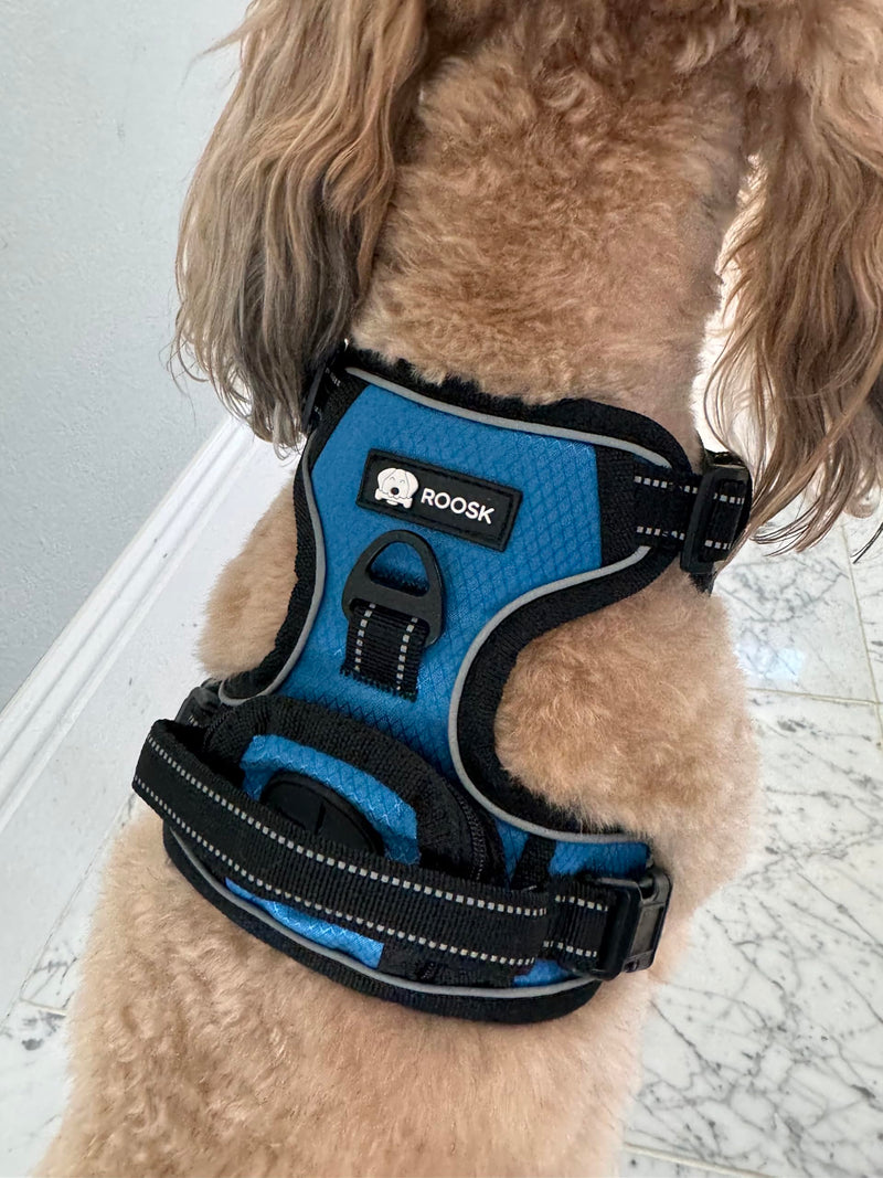 ROOSK Dog Harness | No-Pull, Reflective, 4-Way Adjustable w/Poop Bag Holder | Ultimate Comfort, Soft, Padded Waterproof Oxford w/Airmesh | 2 Leash Clips (Teal Blue, Medium) M Teal Blue - PawsPlanet Australia