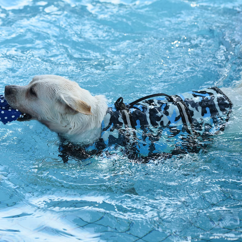 Doglay Dog Life Jacket, Dog Life Vest for Swimming Boating, Adjustable Puppy Life Jacket with Reflective Stripes, Superior Buoyancy Dog Swimming Vest for Small Medium and Large Dogs X-Large Blue Camo - PawsPlanet Australia