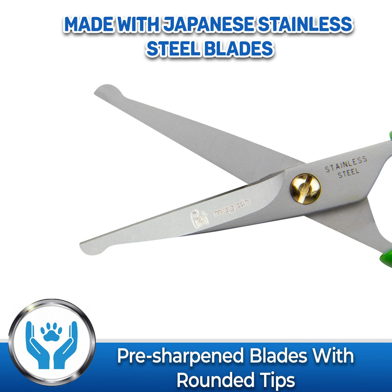 Pet Magasin Japanese Stainless Steel Grooming Scissors (2) for Facial Hair and Larger for Body Trimming with Round Tip Light Green and Yellow Large - PawsPlanet Australia