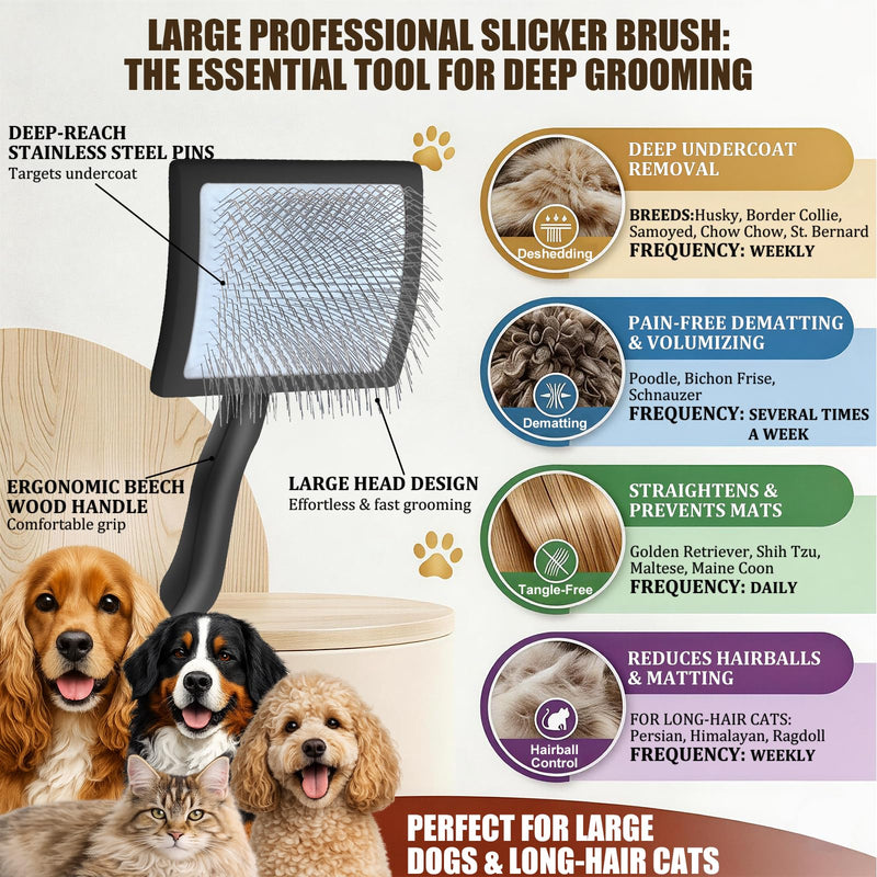 Dog Slicker Brush for Dogs, Long Hair Doodle Brush, Wooden Dog Brush Grooming Tools for Cockapoo Poodles Goldendoodles, Labradoodles, Large Long Pins and Pet Comb, Black - PawsPlanet Australia