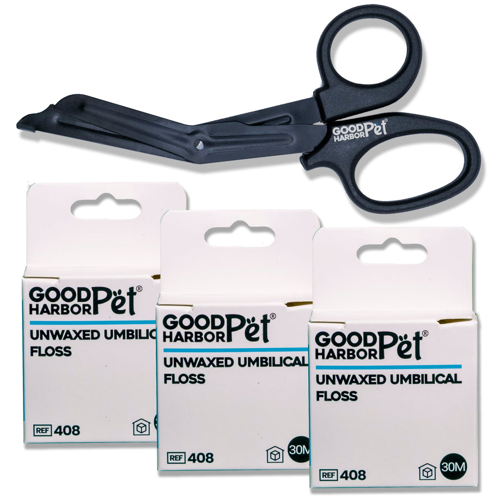 Pet Un-Waxed Umbilical Whelping Floss & Animal Cord Cutting Kit | for Dog, Cat, and Animal Births | Pack of 4