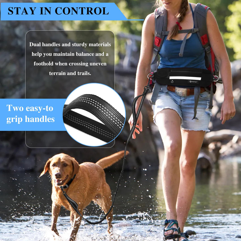 Tails & Tales Hands Free Waist Leash for Dog Walking Running Hiking with Zipper Pouch, Adjustable Belt, Dual Padded Handles, Reflective Bungee Design for Small to Large 100lb Dogs (Black) Black - PawsPlanet Australia
