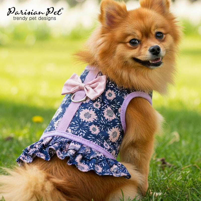 Parisian Pet Floral Dog Harness Dress - Breathable No Pull Puppy Dress with Leash Ring - 100% Mesh Fabric Harnesses for Dogs - Soft Padded Step in Pet Vest - All Weather Dog Harness Small Sized Dogs S Midnight Blossoms