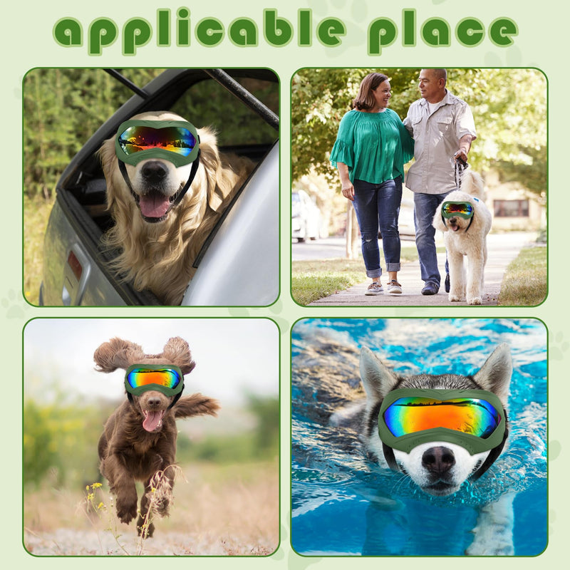 Dog Sunglasses, Dog Goggles for Large and Medium Breed with Adjustable Strap, UV Protection, Windproof, Waterproof, Dustproof and Snowproof, Dogs Eyes Protection, Wide Snout Rest, Soft Frame, Green A Green Frame+Color Lens - PawsPlanet Australia