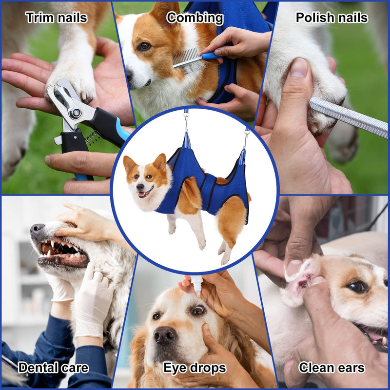 Kkiimatt Dog Grooming Hammock,Pet Hammock Harness for Medium Dogs/Giant Cats, Nail Trimming with Clippers/File, Sling Wide Strap Sewed on Pet Restraint Bag, Blue Medium 40 LB Max/Blue M