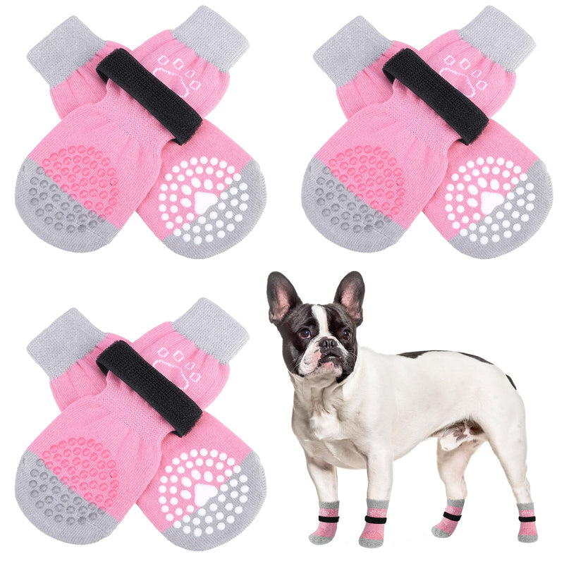 SCENEREAL Anti-Slip Dog Socks to Prevent Licking Paws, Dog Shoes for Hot/Cold Pavement, Dog Boots & Paw Protectors with Grippers for Hardwood Floors, Dog Booties for Small Medium Large Senior Dogs S(Pack of 6) Pink Pearl Paw