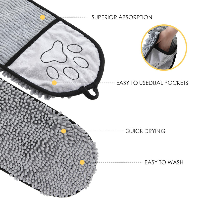 Absorbent Dog Towel, Microfiber Quick Drying Towel, Dog Bath Towel for Puppies, Super Absorbent Machine Washable Pet Towel with Hand Pocket, 9 x 23 inches (Gray) - PawsPlanet Australia