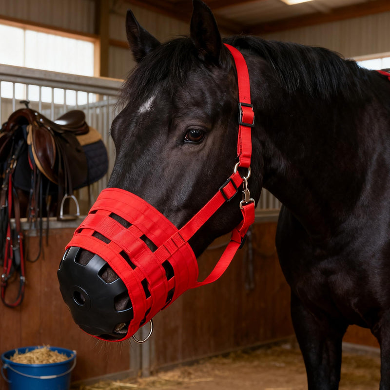 Horse Grazing Muzzle with Safety Strap Adjustable Breathable Design for Pasture, Laminitis Prevention & Weight Management, Red - PawsPlanet Australia