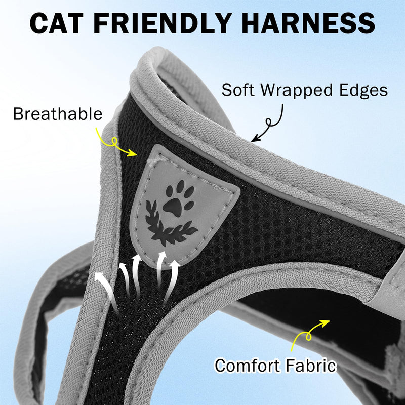 SCENEREAL Cat Harness and Leash Set Escape Proof, Adjustable Soft Air Mesh Kitten Harnesses for Girls Boys Small Medium Big Cats, Reflective Light Travel Pet Walking Vest for Puppy Rabbit, Black S Black(gray wrap and leash) S(Chest 11.5-13") - PawsPlanet Australia