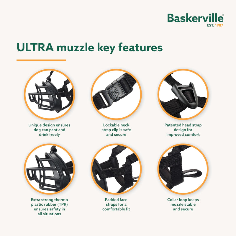 Baskerville ULTRA Muzzle - Patented Humane Design, Breathable, Dog can Pant and Drink, Adjustable, Padded, Training Muzzle for Medium-sized Dogs, Prevents Biting, Wildlife Scavenging (Size 3, Black)