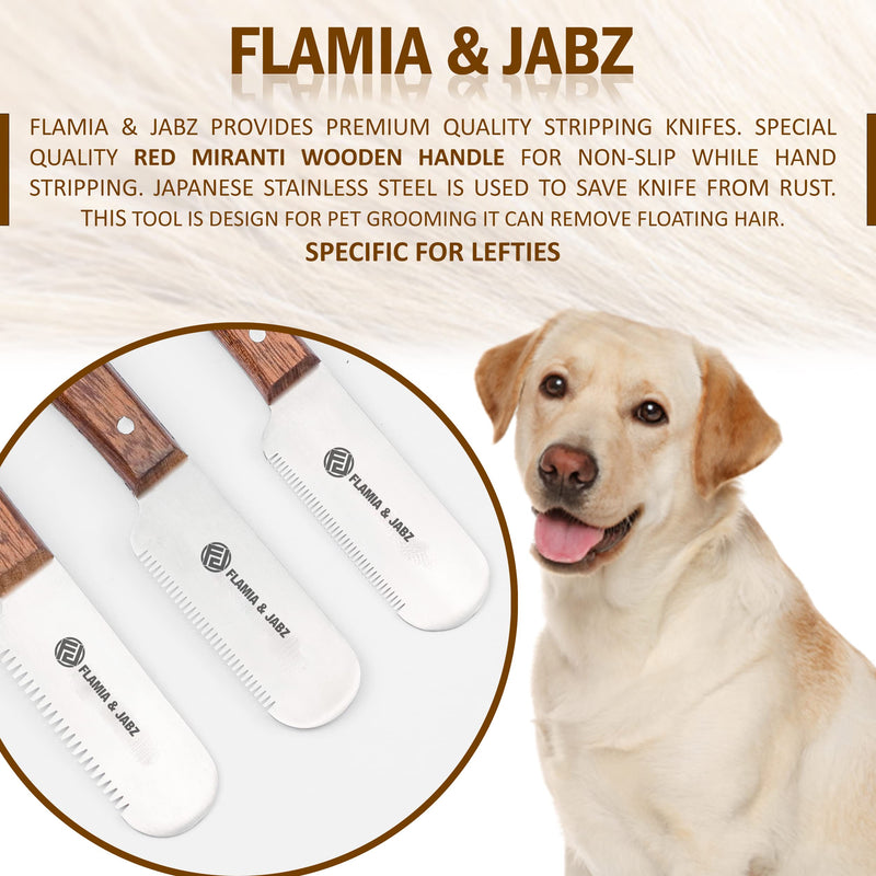 FLAMIA & JABZ Professional Dog Grooming Hand Stripping Knife, Stripper Trimmer Tool, Red Meranti Wooded Handle non slip grip with Tripping Stainless Steel blade (3 Piece Pack, Left Handed) 3 Piece Pack - PawsPlanet Australia