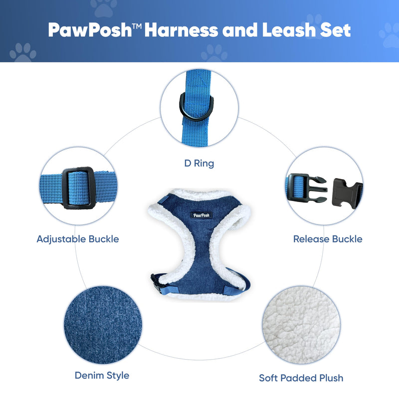 Luxury Winter Warm Soft Padded Dog Harness and Leash Set - Cute Dog Harness - Denim Harness for Small Dogs, Puppies, Large & Medium Breeds - Anti Pull Adjustable Harness for Boys & Girls (X-Small) X-Small - PawsPlanet Australia