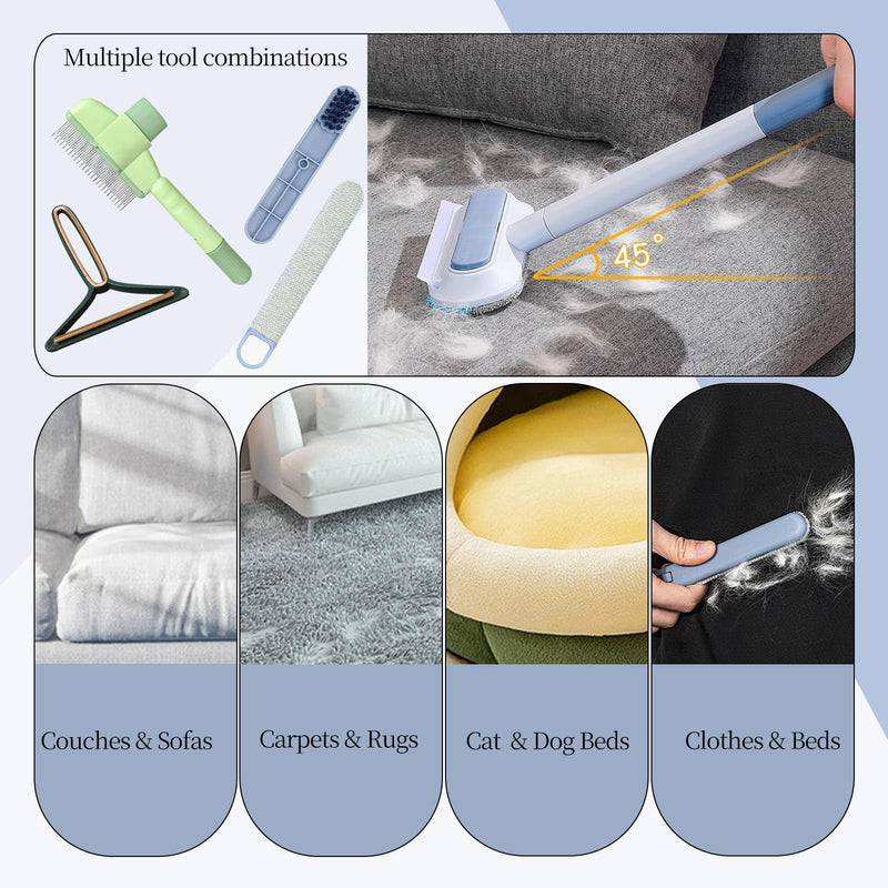 Pet Hair Remover for Furniture, 4 in 1 Multifunctional Lint Brush Pet Hair Tools, Reusable Long Handle Cat Dog Hair Remover Brush for Couch, Carpet, Clothes & Bed, Self-Cleaning Pet Comb - PawsPlanet Australia