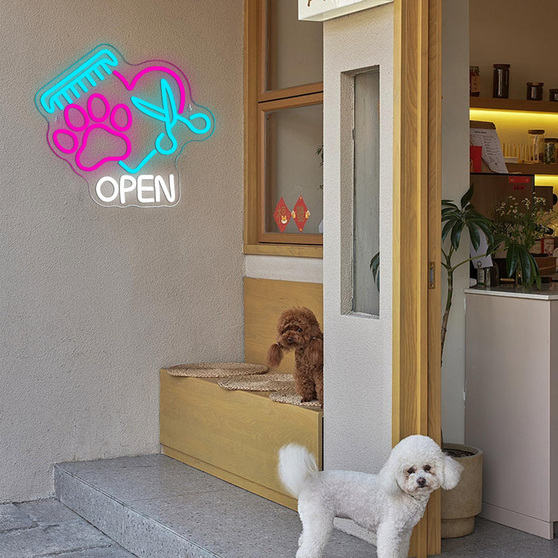 Mutank Pet Shop Open Neon Sign, Paw Neon Light USB Powered LED Dimmable Scissors Sign, for Pet Shop Business Sign Pet Spa Pet Salon Animal Clinic Decor Pet Grooming and Welcome Sign(13.3 * 12.2 In) Blue+Pink+White - PawsPlanet Australia
