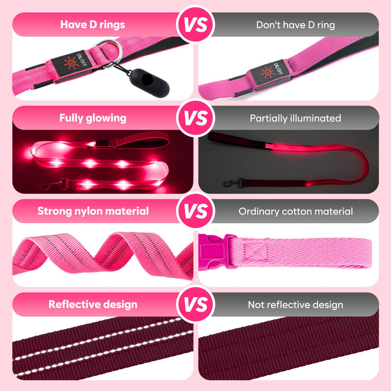 4 Ft Led Dog Leash, Rechargeable Light Up Dog Leash Waterproof, Safety Glow in The Dark Dog Leash for Night Walking, Nylon Reflective Leashes with Padded Handle for Small Medium Large Pets Pink