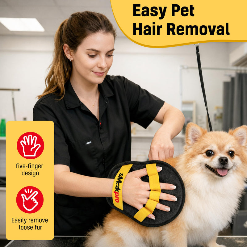 Pet Hair Removal Tool for Dogs & Cats (19" Long Brush + Gloves), Electrostatic Reusable Pet Hair Remover, Five Finger Magic Brush with Adjustable Handle for Couch, Carpet, Bedding, Clothes Yellow