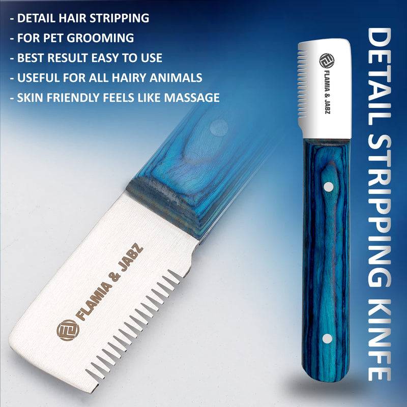 FLAMIA & JABZ FJ Professional Stripping Knife kit (6 pieces set) for Dogs & Pets, Wooden Handle Grip with Stainless Steel Blade (Right handed) (Blue) Blue - PawsPlanet Australia