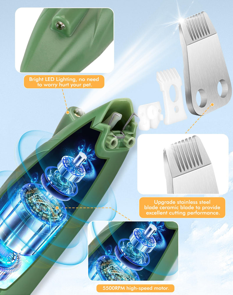 Dog Clippers for Grooming, Cordless Dog Grooming Kit for Small Dogs with LED Light, Rechargeable Low Noise Cat Hair Trimmer for Grooming Pet Hair Around Paws, Eyes, Ears, Face, Rump (Green) Green - PawsPlanet Australia