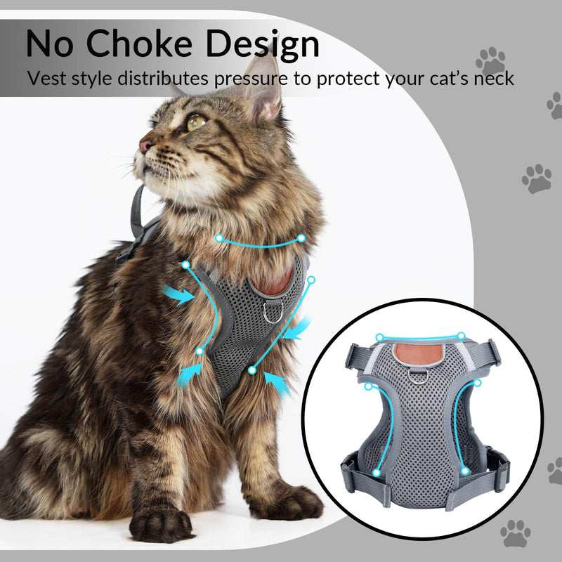 Cat Harness and Leash Set With AirTag Holder, Upgraded Escape Proof Adjustable Kitten Vest with Lead for Small Cat Outdoor Walking, Soft Breathable Mesh Jacket with Reflective Strips M, Gray Grey