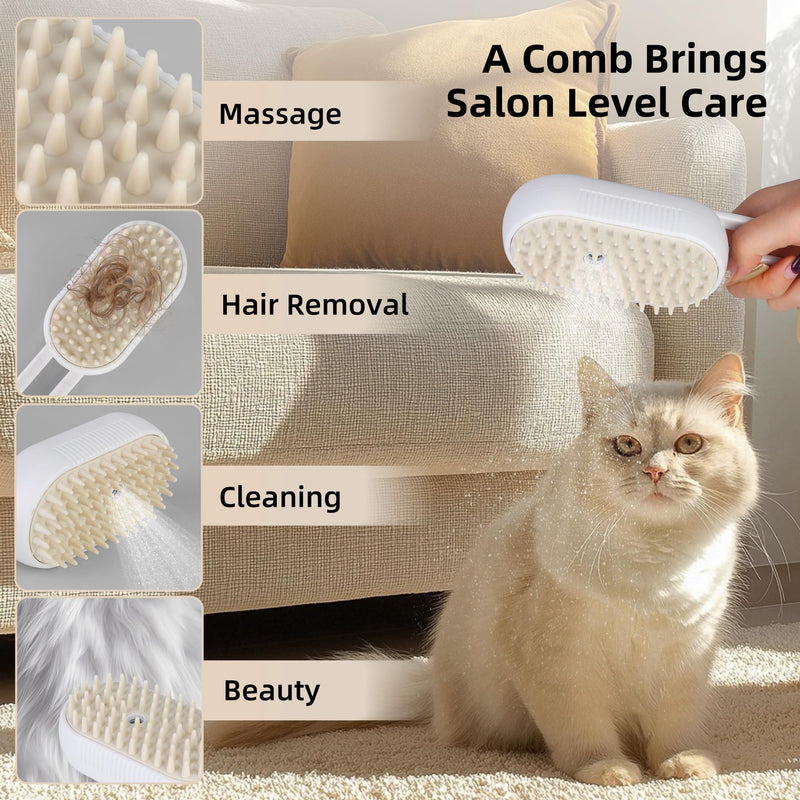 Cat Dog Hair Steam Brush: 4 in 1 Pet Grooming Tool Rechargeable Groomer Silicone Comb for Massage, Cleaning, Shedding and Combing, Anti-Static, 360° Portable Handle for Long or Short Hair Pet (White) White - PawsPlanet Australia