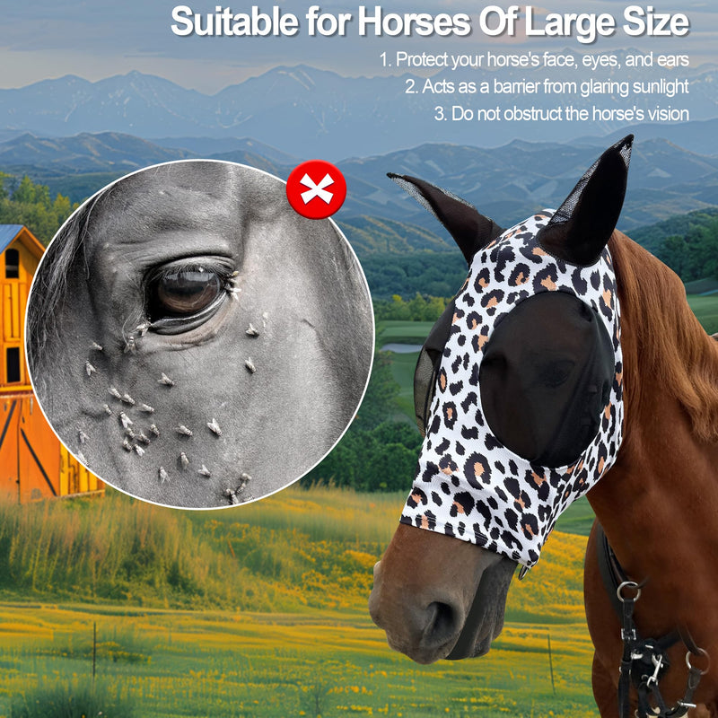 Horse Fly Mask with Ears - Equine Fly Mask for Horses with Sunlight Protection, Large Eye Space with Breathable Elastic Fabric, Funny Horse Mask Suitable for Large Size Horses Leopard Print - PawsPlanet Australia