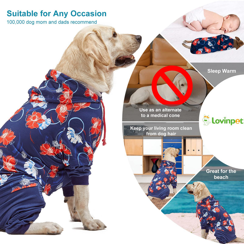 LovinPet Big Dogs Breeds Jammies, Wound Care/Post Surgery Clothes, Pet Anxiety Onesies for Dogs, Lightweight Stretchy, Large Breed Dog Pajamas, Reflective Stripe, Floral Navy & Red Print, Pet PJ's/XL X-Large Blue